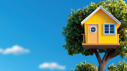 whimsical yellow treehouse perched in lush green tree against clear blue sky, evoking sense of adventure and imagination