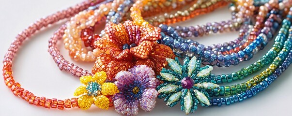 Poster - Multiple colorful beaded necklaces with flower designs are laying on a white surface