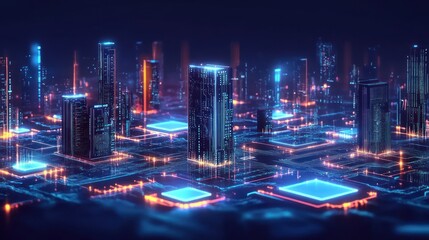 Poster - Futuristic cityscape with glowing skyscrapers at night