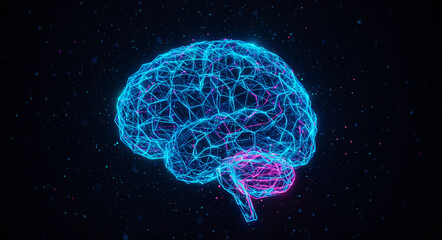 Poster - human brain made of neon lines abstract digital background . Generative AI