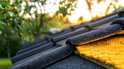 Poster - Dark Roof Tiles Dew Drops Golden Underlayment Sunset Background