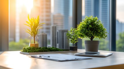 Poster - Sustainable Cityscape Model Green Office Desk Modern Architecture Design