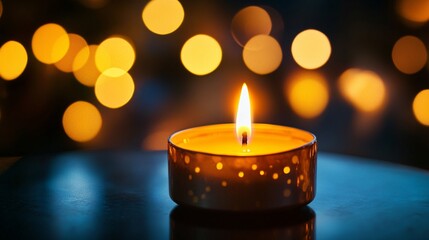 Poster - The soft glow of a tealight candle creates a warm and inviting ambiance with bokeh lights in the background
