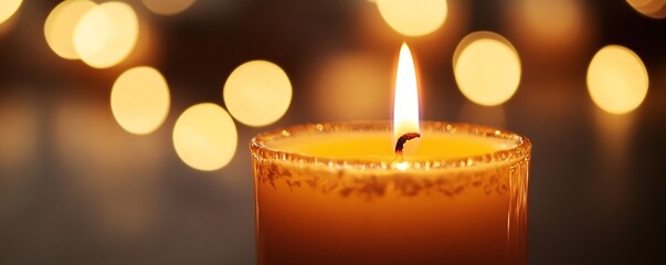Poster - Flickering candle is setting a cozy mood with blurred lights in the background