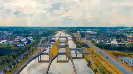 Wall Mural - Ghent, Belgium. Watercolor illustration. Ringvaart in Ghent - water channel. Sluis Merebeke - landmark, gateway to the Ringvaart Ghent canal in the town of Merebeke, Aerial View