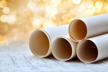 Poster - Architectural Blueprints Golden Bokeh Background Elegant Design Plans