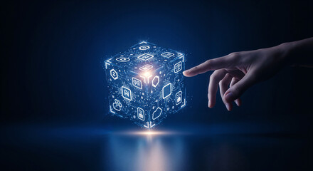 Poster - hand pointing to digital isometric cube abstract digital background . Generative AI