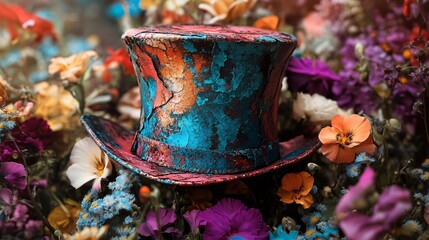 Poster - Colorful top hat is resting in a bed of multicolored flowers, evoking whimsical imagery