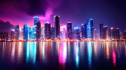 Poster - Vibrant Cityscape Night Skyline Reflecting in Water Stunning Neon Lights