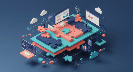 Poster - isometric scene with puzzles of software development process or business management abstract digital background . Generative AI