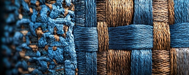 Poster - Blue and gold fabric texture showing embroidery details