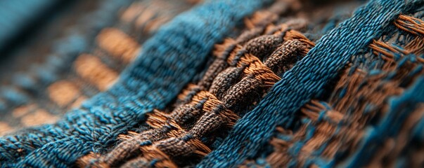 Poster - Macro photograph of blue and copper colored fabric showing stitching detail