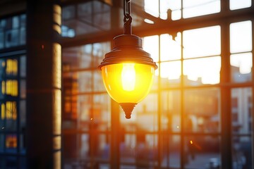 Poster - Warm Sunset Glow Illuminates Vintage Pendant Lamp in Urban Setting