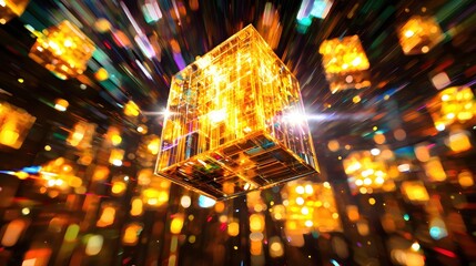 Aufkleber - Golden Cube Abstract Light Energy Futuristic Design