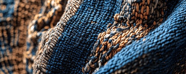 Poster - Detailed stitches on blue and brown fabric texture
