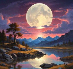 Wall Mural - Illustration of fantasy landscape with glowing shiny moon.