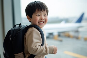 Wall Mural - smiling boy with a backpack standing near airport window