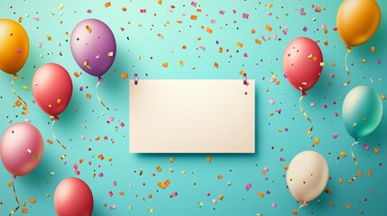 Wall Mural - Vibrant balloons and confetti with a blank card against a blue backdrop, ideal for birthday wishes or party invites