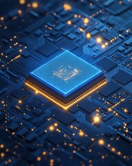 Poster - Glowing chip on a circuit board. Background other parts. For technology designs