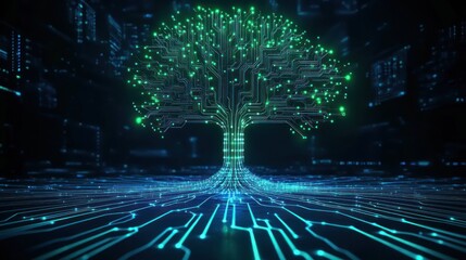Poster - Digital tree with glowing circuits in a futuristic setting
