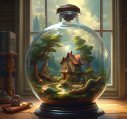 Wall Mural - Illustration of fantasy landscape inside glass jar.