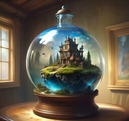 Wall Mural - Illustration of fantasy landscape inside glass jar.