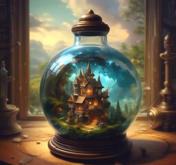 Wall Mural - Illustration of fantasy landscape inside glass jar.