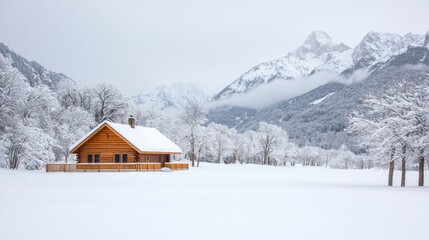 Wall Mural - Snowy mountain cabin winter landscape, postcard image