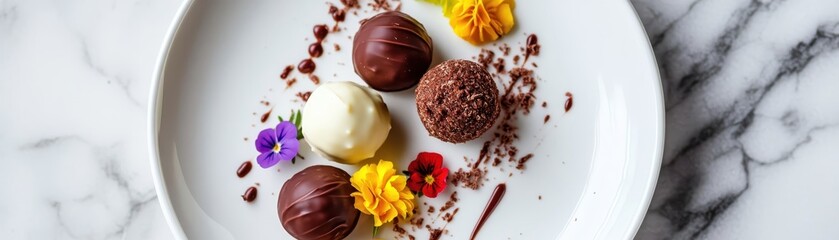 Wall Mural - An exquisite assortment of delicate chocolate truffles adorned with edible decorations for a sweet indulgence.