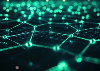 Poster - Green network nodes connect in abstract background. Use for technology or communication