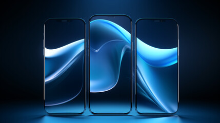 Poster - A blue background featuring three curved glass shapes, creating a futuristic and dynamic visual design.

