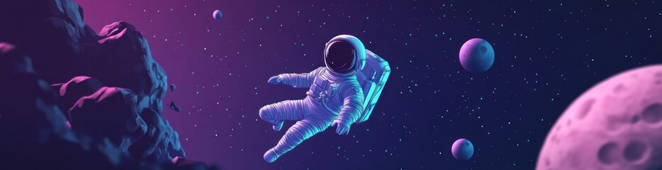 Wall Mural - astronaut floats in vibrant space nebula near planets and asteroids.
