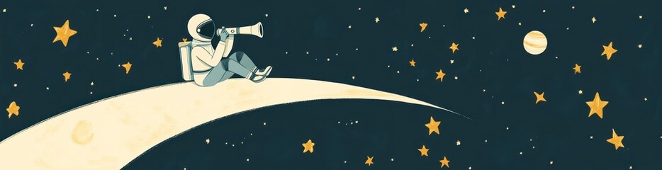 Wall Mural - astronaut on a crescent moon in space, using a megaphone to announce something.