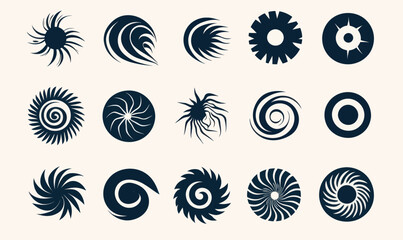 Poster - Minimalist Spiral Icons Set: Swirling Silhouettes and Spinning Shapes Vector