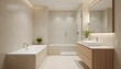 © Farah - Modern, minimalist bathroom.  Light beige and off-white tiled walls and light wooden vanity, bathtub, and shower surround.  White countertop with simple sink and faucet.