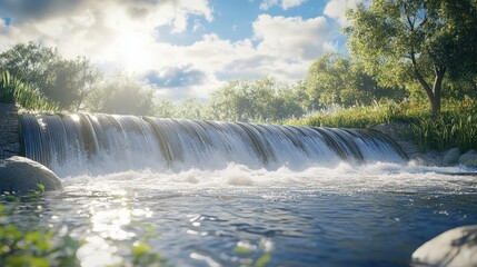 Poster - Breathtaking panoramic view of a serene bright sunny day near a beautiful dam surrounded by lush greenery and clear blue sky with fluffy clouds