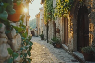 Wall Mural - Sunlit cobblestone alleyway in a historic European village, with stone buildings, ivy, plants, and warm sunset light.