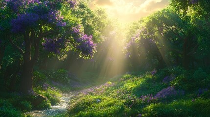 Wall Mural - Sunlit Forest Path with Purple Flowers and Stream