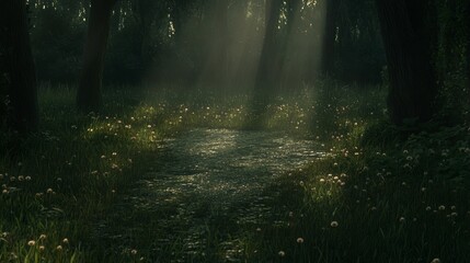 Wall Mural - Sunlit Forest Path With Wildflowers And Stream