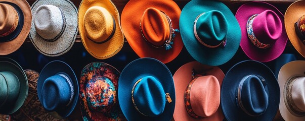 Aufkleber - Assorted styles and colors of hats hanging on a wall, creating a vibrant display