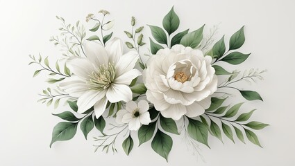 Poster - Elegant floral arrangement featuring white peonies and greenery on a soft background for decorative purposes