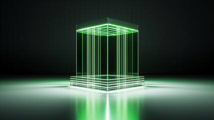 Leinwandbilder - A glowing green-lit glass cube on a metallic podium against a black background, showcasing futuristic design.

