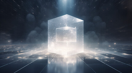 Aufkleber - A massive glowing white cube centered in a dark, minimalist background. A futuristic and abstract concept image, ideal for digital designs, presentations, or high-tech themes.

