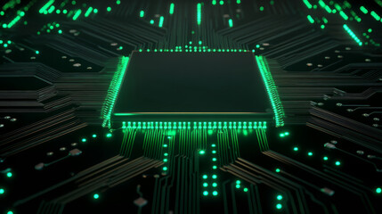 Poster - high resolution digital design featuring central processing unit with glowing green lights and intricate circuit patterns, showcasing technology and innovation