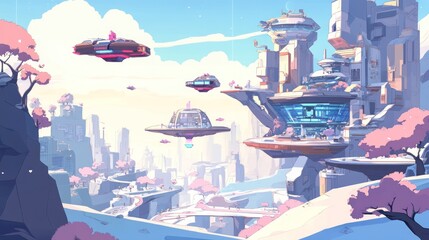 Wall Mural - futuristic city landscape with flying vehicles and pink trees.