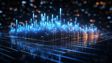 Poster - A minimalist 2D AI data analysis concept featuring glowing graphs and skyscrapers on a blue background.

