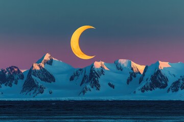 Canvas Print - Crescent moon glows above a dramatic, snow-capped mountain range at sunset, creating a serene arctic landscape.