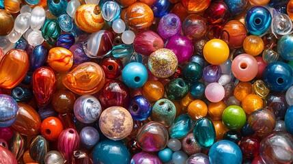 Aufkleber - Vibrant beads scattered on a surface, forming a colorful and textured backdrop