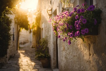 Sticker - Sunlit cobblestone alleyway with vibrant purple flowers in window box, old stone buildings.