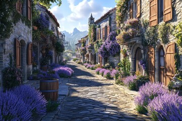 Wall Mural - Sunlit cobblestone street in a picturesque village, lined with stone houses adorned with vibrant flowers and lavender bushes.